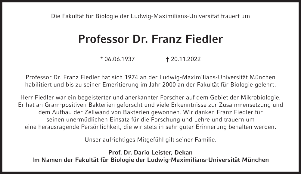  Traueranzeige für Franz Fiedler vom 03.12.2022 aus Süddeutsche Zeitung
