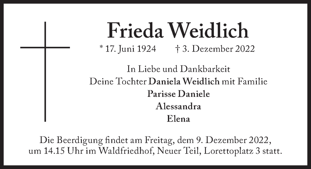  Traueranzeige für Frieda Weidlich vom 08.12.2022 aus Süddeutsche Zeitung