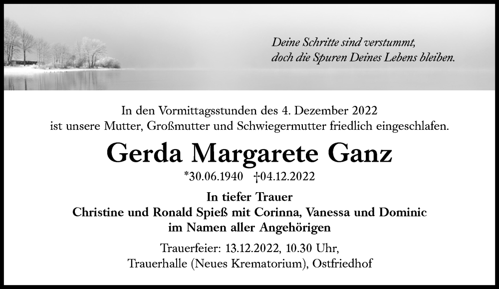  Traueranzeige für Gerda Margarete Ganz vom 07.12.2022 aus Süddeutsche Zeitung