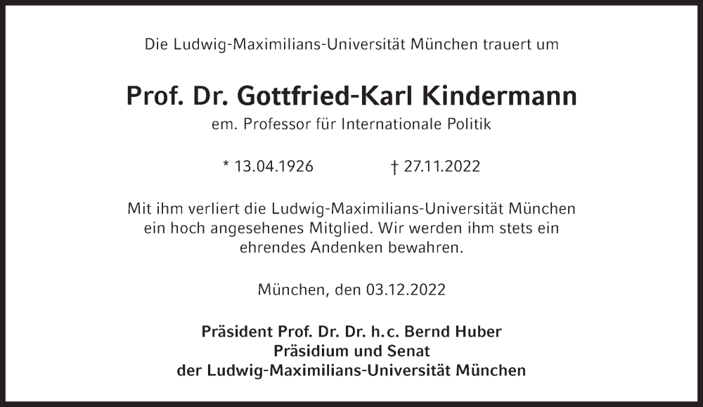  Traueranzeige für Gottfried-Karl Kindermann vom 03.12.2022 aus Süddeutsche Zeitung