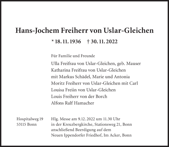Traueranzeige von Hans-Jochem Freiherr von Uslar-Gleichen von Süddeutsche Zeitung