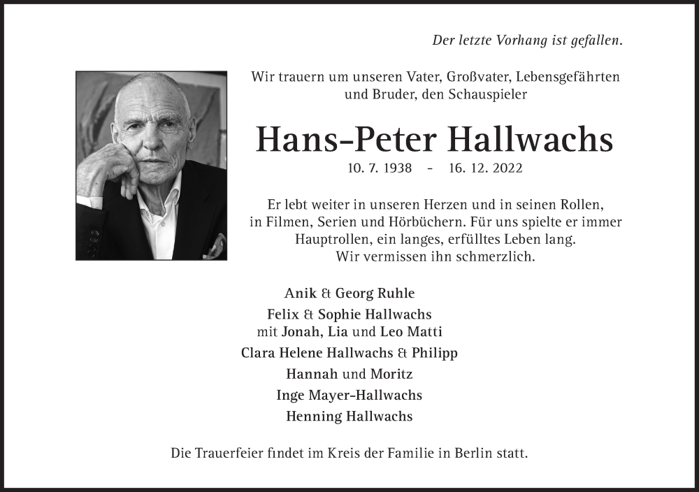  Traueranzeige für Hans-Peter Hallwachs vom 31.12.2022 aus Süddeutsche Zeitung