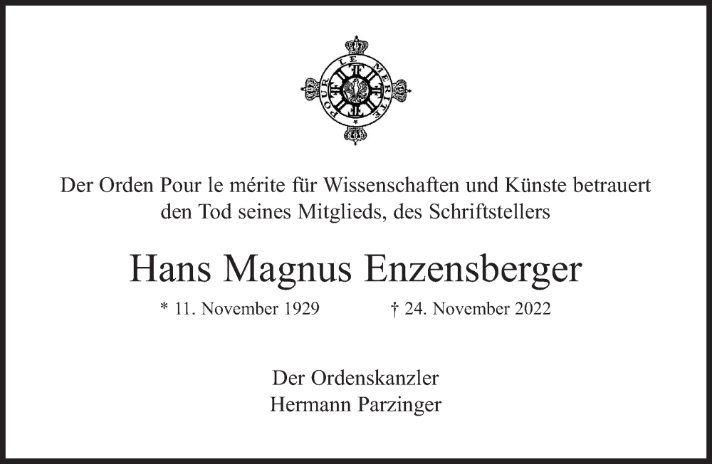  Traueranzeige für Hans Magnus Enzensberger vom 03.12.2022 aus Süddeutsche Zeitung