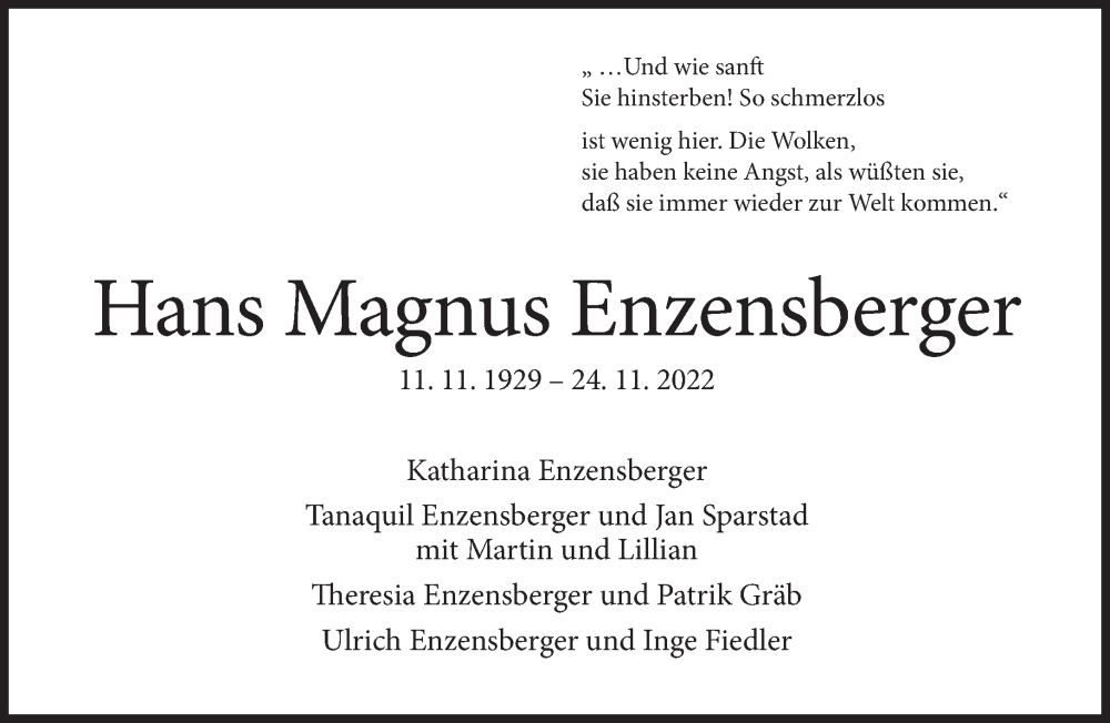  Traueranzeige für Hans Magnus Enzensberger vom 03.12.2022 aus Süddeutsche Zeitung