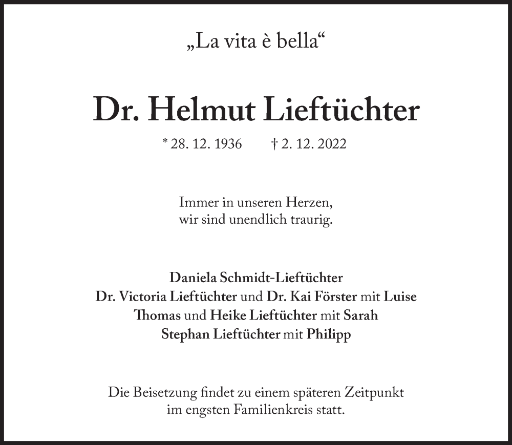  Traueranzeige für Helmut Lieftüchter vom 07.12.2022 aus Süddeutsche Zeitung