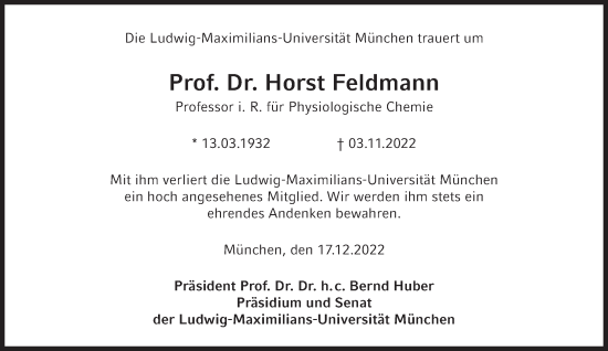 Traueranzeige von Horst Feldmann von Süddeutsche Zeitung