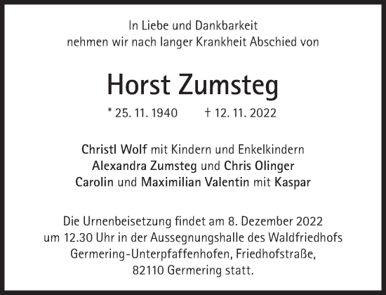 Traueranzeige von Horst Zumsteg von Süddeutsche Zeitung