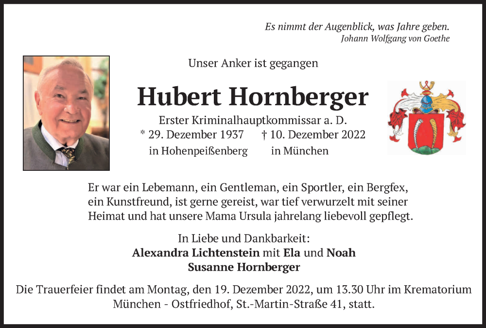  Traueranzeige für Hubert Hornberger vom 17.12.2022 aus Süddeutsche Zeitung