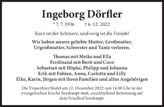Traueranzeige von Ingeborg Dörfler von Süddeutsche Zeitung