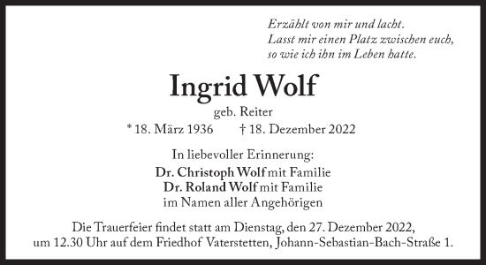 Traueranzeige von Ingrid Wolf von Süddeutsche Zeitung