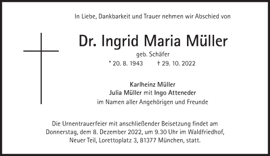 Traueranzeige von Ingrid Maria Müller von Süddeutsche Zeitung
