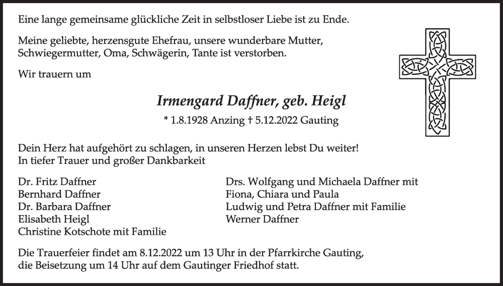  Traueranzeige für Irmengard Daffner vom 08.12.2022 aus Süddeutsche Zeitung