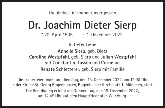 Traueranzeige von Joachim Dieter Sierp von Süddeutsche Zeitung