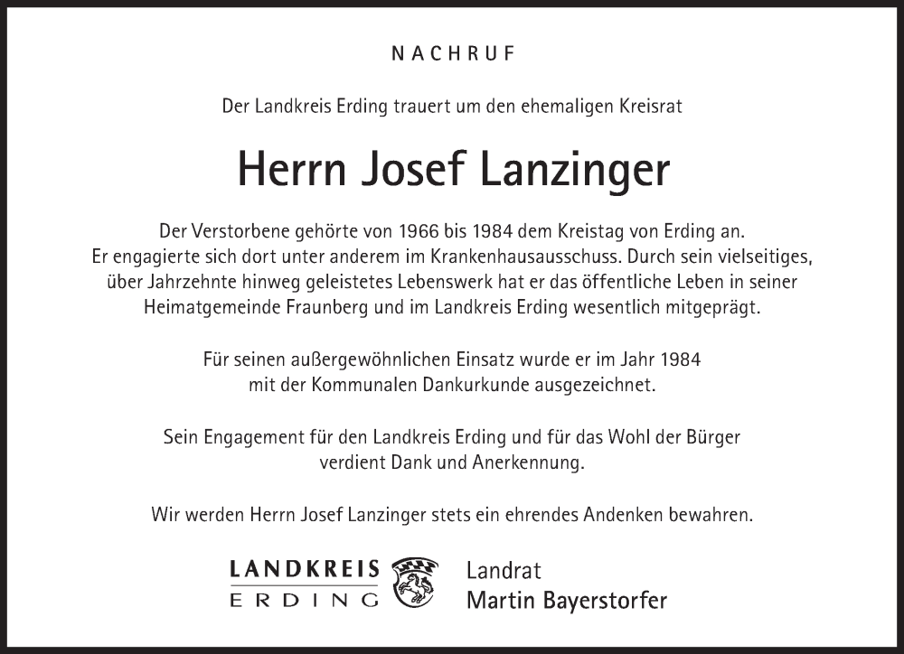  Traueranzeige für Josef Lanzinger vom 24.12.2022 aus Süddeutsche Zeitung