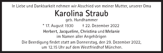 Traueranzeige von Karolina Straub von Süddeutsche Zeitung