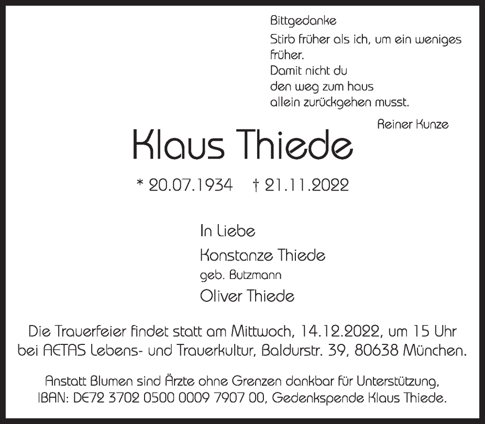  Traueranzeige für Klaus Thiede vom 03.12.2022 aus Süddeutsche Zeitung