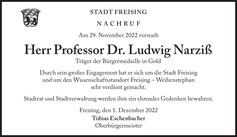  Traueranzeige für Ludwig Narziß vom 03.12.2022 aus Süddeutsche Zeitung