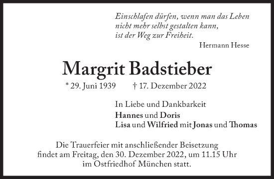 Traueranzeige von Margit Badstieber von Süddeutsche Zeitung