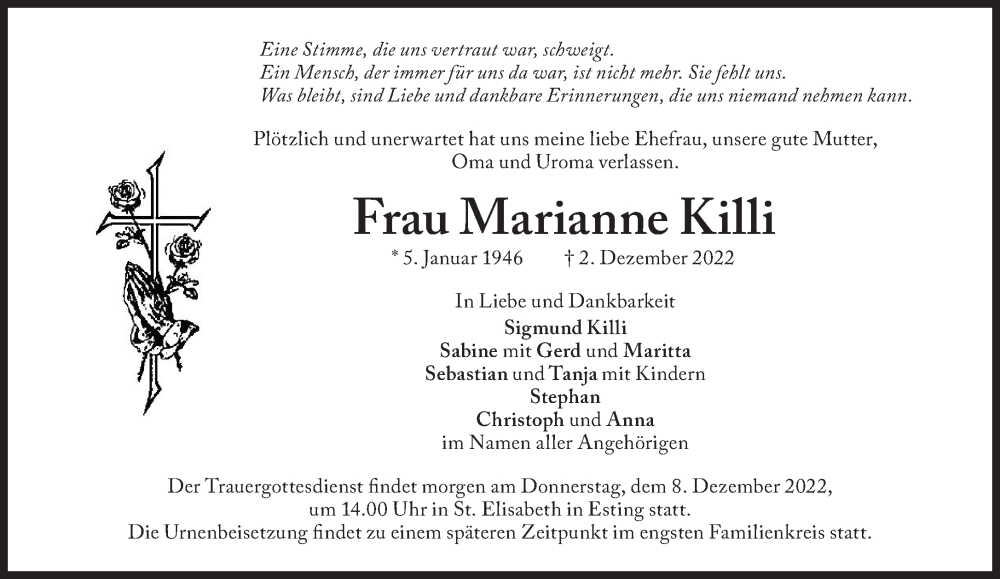  Traueranzeige für Marianne Killi vom 07.12.2022 aus Süddeutsche Zeitung