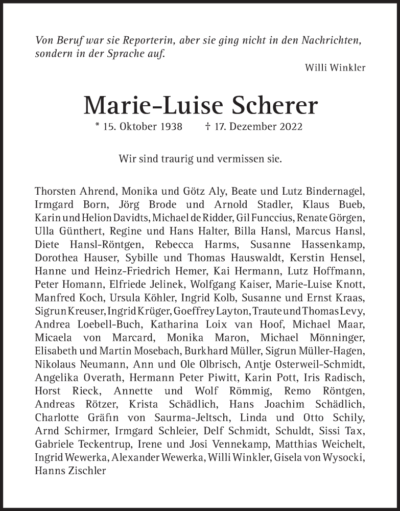  Traueranzeige für Marie-Luise Scherer vom 31.12.2022 aus Süddeutsche Zeitung