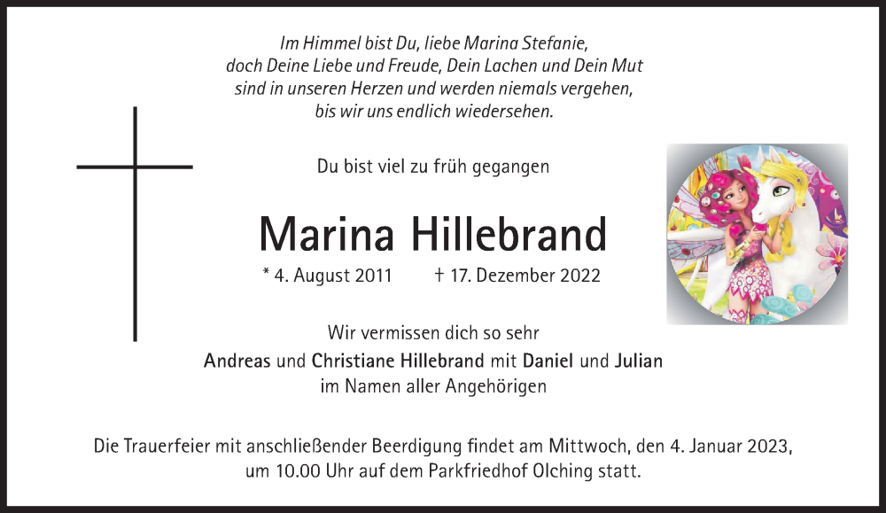  Traueranzeige für Marina Hillebrand vom 31.12.2022 aus Süddeutsche Zeitung