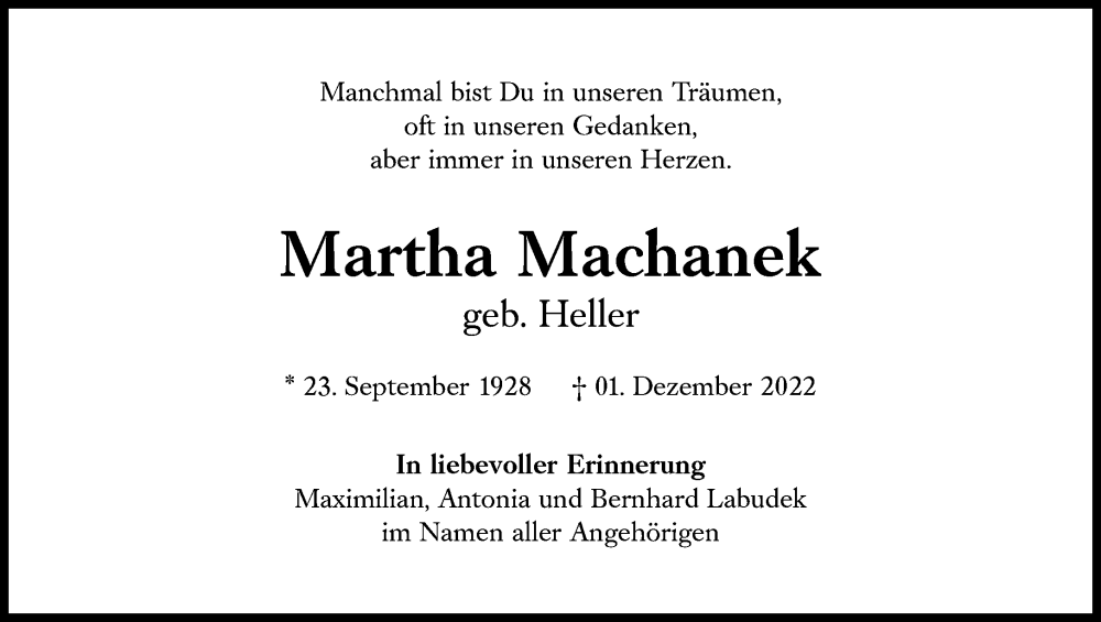  Traueranzeige für Martha Machanek vom 31.12.2022 aus Süddeutsche Zeitung