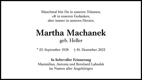 Traueranzeige von Martha Machanek von Süddeutsche Zeitung