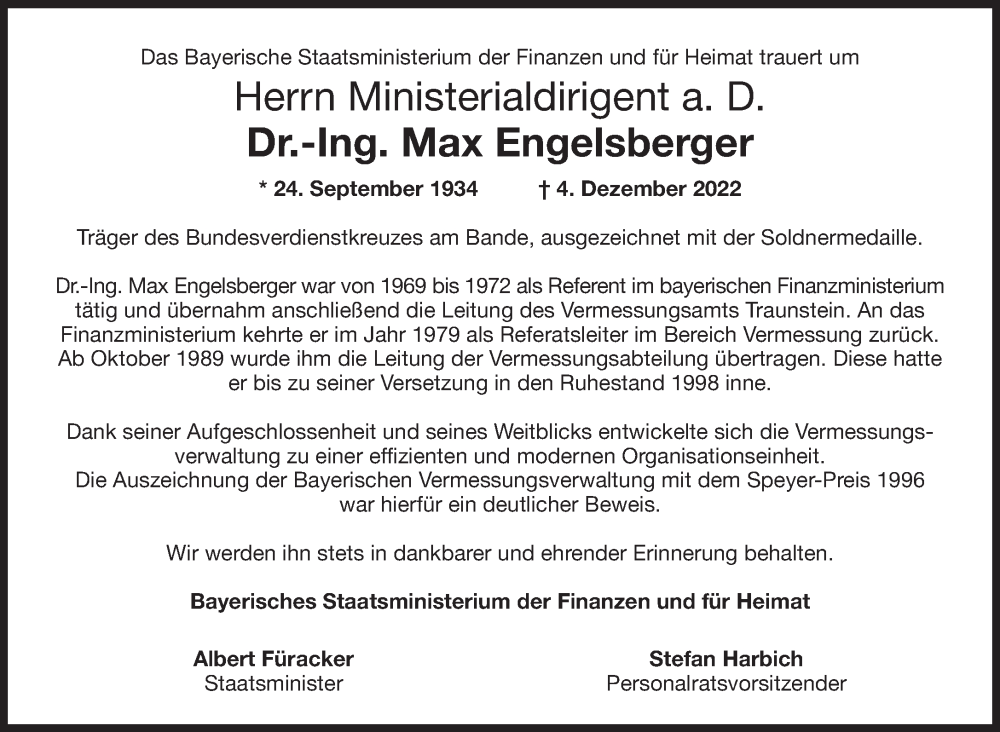  Traueranzeige für Max Engelsberger vom 08.12.2022 aus Süddeutsche Zeitung