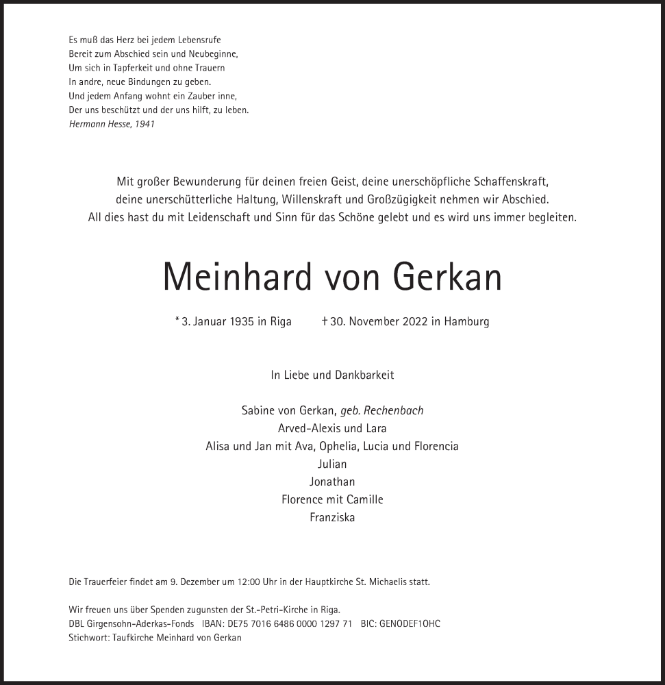  Traueranzeige für Meinhard von Gerkan vom 03.12.2022 aus Süddeutsche Zeitung