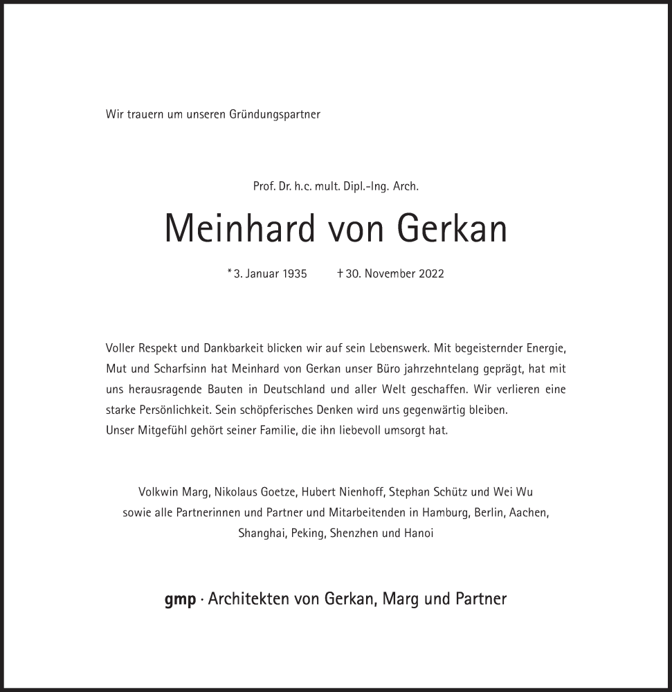  Traueranzeige für Meinhard von Gerkan vom 03.12.2022 aus Süddeutsche Zeitung