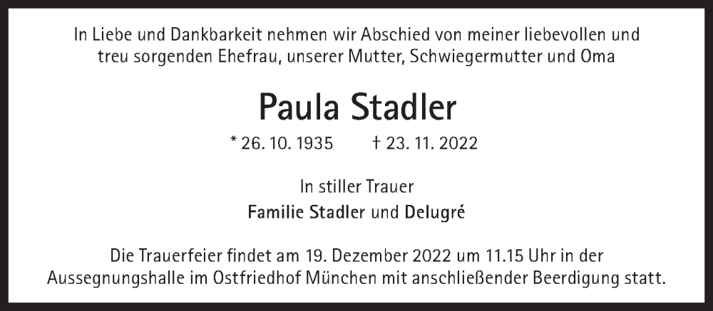  Traueranzeige für Paula Stadler vom 10.12.2022 aus Süddeutsche Zeitung