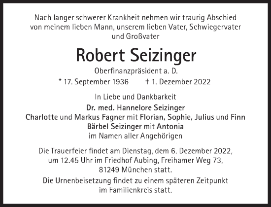 Traueranzeige von Robert Seitzinger von Süddeutsche Zeitung