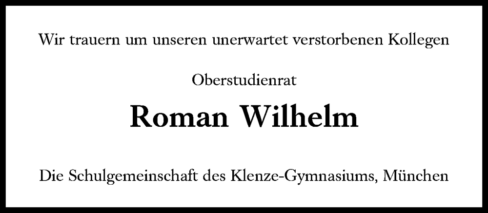  Traueranzeige für Roman Wilhelm vom 23.12.2022 aus Süddeutsche Zeitung