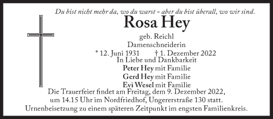 Traueranzeige von Rosa Hey von Süddeutsche Zeitung