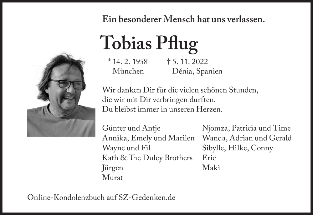  Traueranzeige für Tobias Pflug vom 17.12.2022 aus Süddeutsche Zeitung