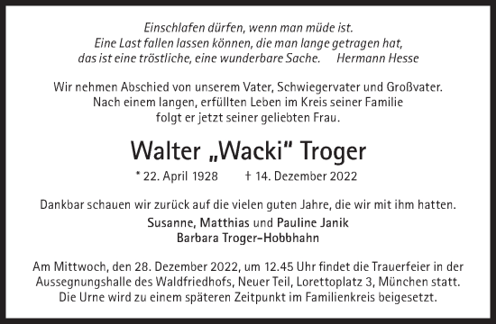 Traueranzeige von Walter Troger von Süddeutsche Zeitung