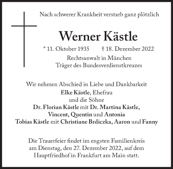 Traueranzeige von Werner Kästle von Süddeutsche Zeitung