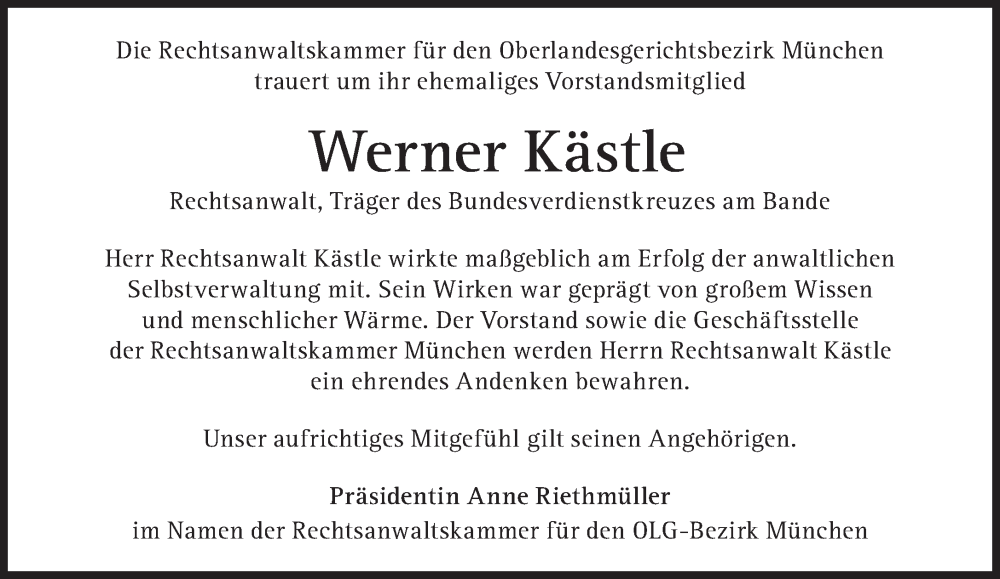  Traueranzeige für Werner Kästle vom 27.12.2022 aus Süddeutsche Zeitung