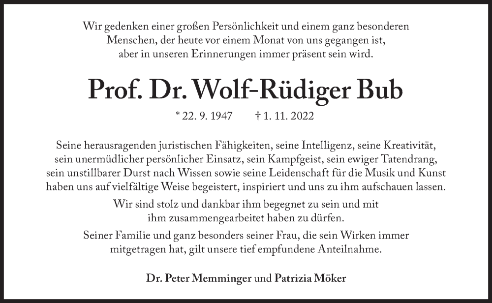  Traueranzeige für Wolf-Rüdiger Bub vom 02.12.2022 aus Süddeutsche Zeitung