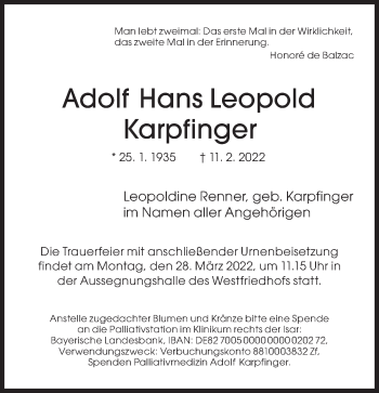 Traueranzeige von Adolf Hans Leopold Karpfinger von Süddeutsche Zeitung