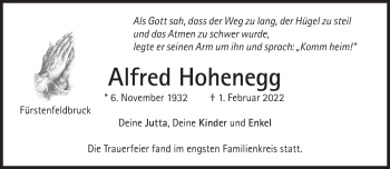 Traueranzeige von Alfred Hohenegg von Süddeutsche Zeitung