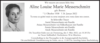 Traueranzeige von Aline Louise Marie Messerschmitt von Süddeutsche Zeitung