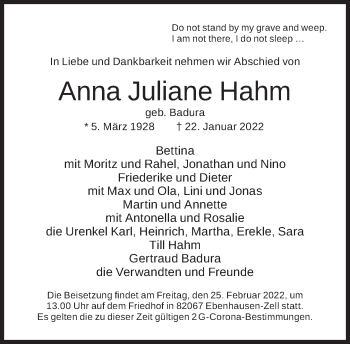 Traueranzeige von Anna Juliane Hahm von Süddeutsche Zeitung