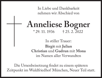 Traueranzeige von Anneliese Bogner von Süddeutsche Zeitung