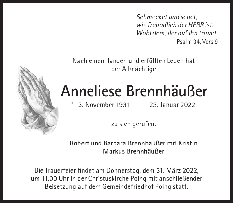  Traueranzeige für Anneliese Brennhäußer vom 05.02.2022 aus Süddeutsche Zeitung