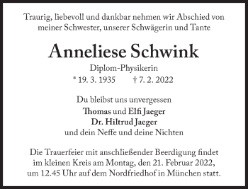 Traueranzeige von Anneliese Schwink von Süddeutsche Zeitung