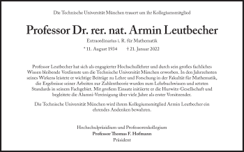 Traueranzeige von Armin Leutbecher von Süddeutsche Zeitung