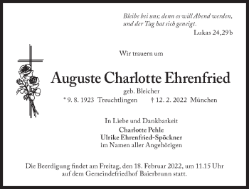 Traueranzeige von Auguste Charlotte Ehrenfried von Süddeutsche Zeitung