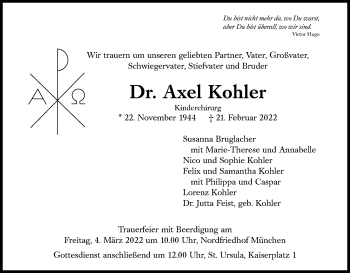 Traueranzeige von Axel Kohler von Süddeutsche Zeitung