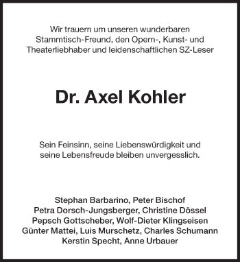 Traueranzeige von Axel Kohler von Süddeutsche Zeitung